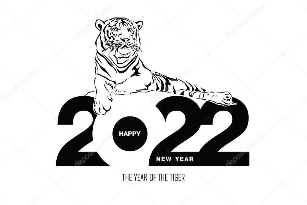 Happy new year 2022 year of tiger drawing tiger black and white lines lying on numbers 2022 for poster, brochure, banner, invitation card, vector illustration Isolated on white background.