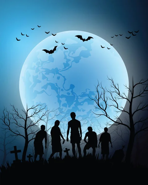 Main Fantôme Zombies Sont Apparus Sur Nuit Pleine Lune — Image vectorielle