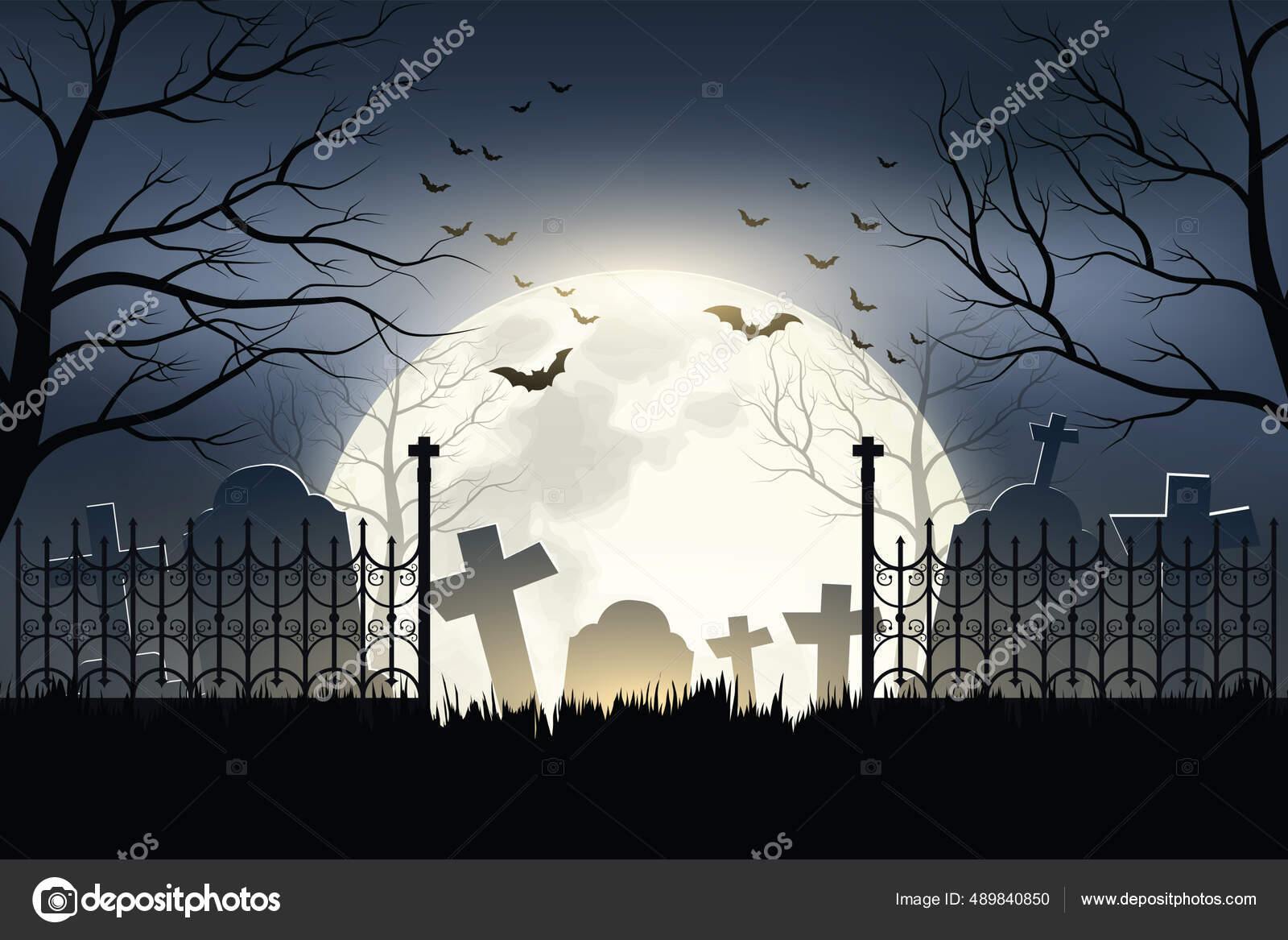 plein lune violet cimetière Contexte avec citrouilles, en volant chauves- souris, squelette main et effrayant arbre. 20747072 Art vectoriel chez  Vecteezy