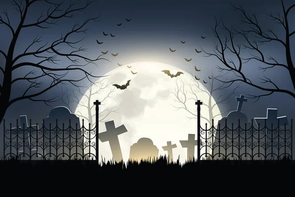 Cementerio Halloween Noche Luna Llena Una Bandada Murciélagos Voladores Illustrator — Vector de stock