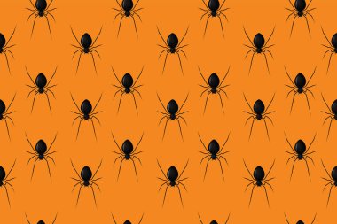 Süsleme için örümcekleri sarkıtan ve turuncu arka planda örtünen gerçekçi, pürüzsüz bir model. Cadılar Bayramı için ürkütücü bir geçmiş. illüstratör