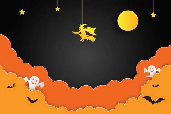 Счастливый Баннер Хэллоуин Фон Приглашения Вечеринку Облаками Летучими Мышами Призраками — стоковый вектор