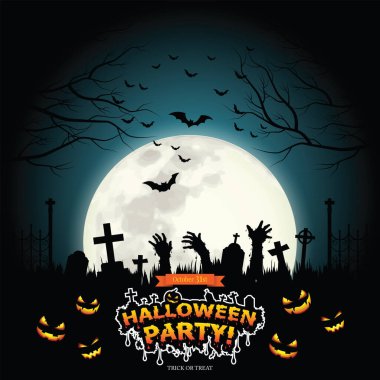Cadılar Bayramı Mezarlığı dolunay gecesi ve uçan yarasa sürüsü. Illustrator Vector..