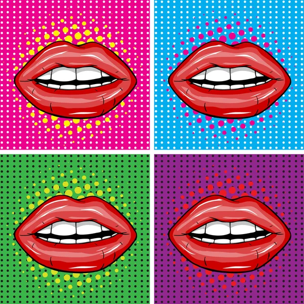 Sexy natte rode lippen met tanden popart achtergronden instellen. — Stockvector