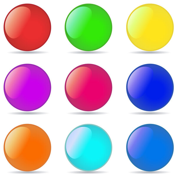 Vector collection of color glossy spheres isolated on white.