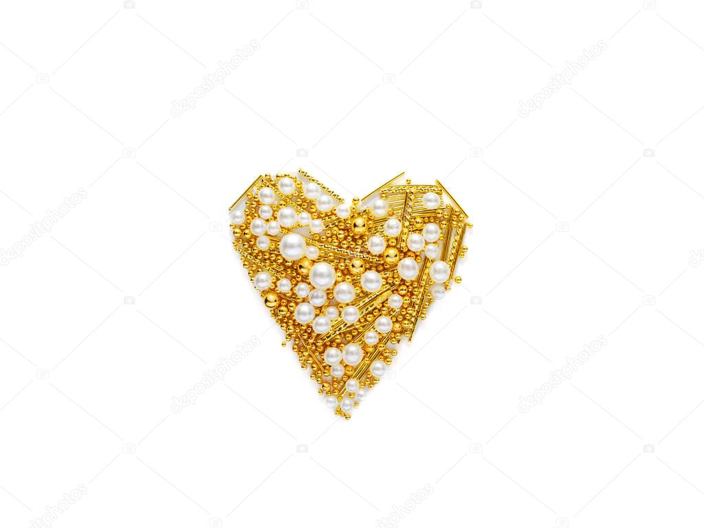 Luxury heart made of gold and pearls on a white isolated background. Valentines day, love