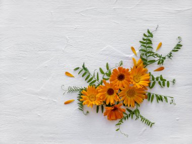 Beyaz ahşap arka planda papatya ve takvim çiçekleri. Çiçek aranjmanı. Yukarıdan görünüşü.