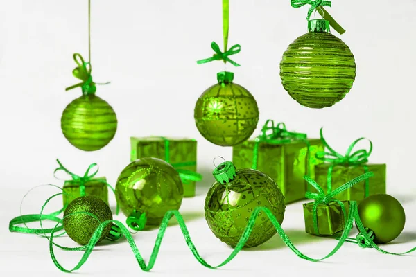 Green Christmas Balls Serpentine New Year Gifts Light Background — Stock Photo, Image