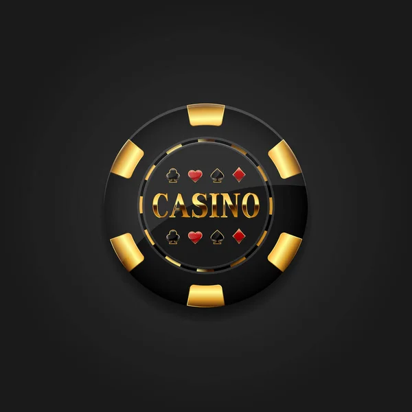 黄金の文字でカジノのチップ ハート ダイヤモンド クラブ スペード 黒を基調としたベクトルイラスト — ストックベクタ