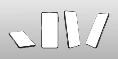 Gerçekçi bir akıllı telefon modeli. Boş ekranlı cep telefonu çerçevesi, izole şablonlar, farklı açılardan telefon. Vektör mobil aygıt kavramı. Vektör illüstrasyonu gri arkaplanda izole edildi