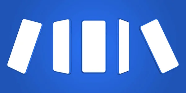 異なる角度からの視点を持つモバイルスマートフォンのモックアップ 青の背景に空白の表示を持つ電話画面 — ストックベクタ