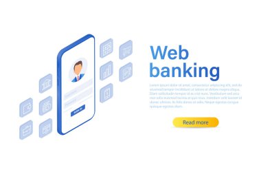 Bir mobil bankanın Isometric vektör çizimi. Dijital finansal hizmetler ve online alışveriş. Telefonla internet bankacılığı. Akıllı telefondan yapılan bir başvuru ile banka kartındaki paraya erişim. 