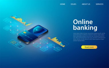 Mobil bir bankanın vektör izometrik çizimi. Dijital finansal hizmetler ve online alışveriş. Çevrimiçi bankacılık. NFC 'li bir akıllı telefondan yapılan bir başvuru vasıtasıyla banka kartındaki paraya erişim 