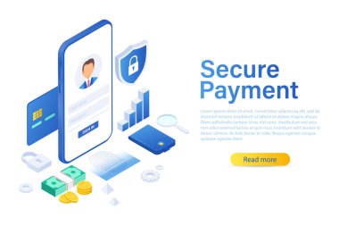 Mobil veri güvenliği izometrik vektör çizimi. Akıllı telefon ve kredi kartı ile çevrimiçi ödeme koruma sistemi kavramı. İnternet üzerinden parola doğrulaması ile banka işlemini güvence altına al.