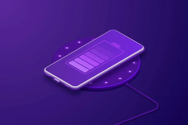 Smartfon Bezprzewodowym Urządzeniu Ładującym Fioletowym Tle Ikona Baterii Oświetlenie Postępu — Wektor stockowy