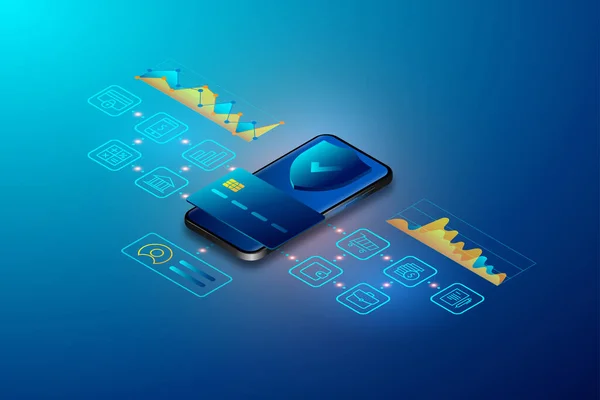 Mobil bir bankanın vektör izometrik çizimi. Dijital finansal hizmetler ve online alışveriş. Çevrimiçi bankacılık. NFC 'li bir akıllı telefondan yapılan bir başvuru vasıtasıyla banka kartındaki paraya erişim 