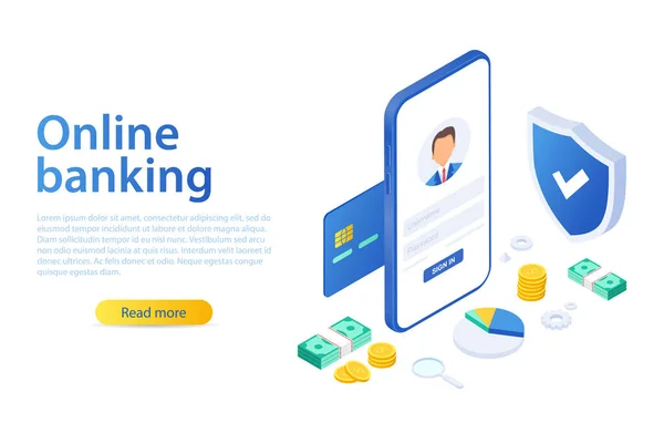 Isometrisk Vektor Illustration Mobil Bank Digitala Finansiella Tjänster Och Näthandel — Stock vektor