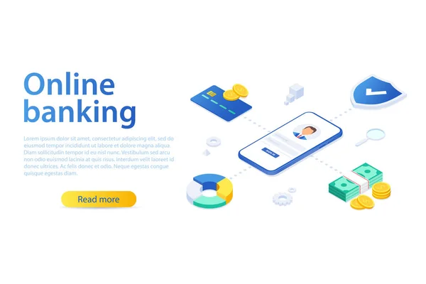 Bir mobil bankanın Isometric vektör çizimi. Dijital finansal hizmetler ve online alışveriş. Telefonla internet bankacılığı. Akıllı telefondan yapılan bir başvuru ile banka kartındaki paraya erişim. 