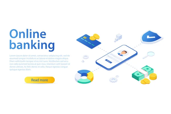 Isometrisk Vektor Illustration Mobil Bank Digitala Finansiella Tjänster Och Näthandel — Stock vektor