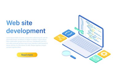 İniş sayfası şablonu. Web sitesi geliştirme konsepti. Web sayfası oluşturmak için araçlar. Beyaz arkaplanda izole edilmiş izometrik biçimdeki vektör illüstrasyonu. 