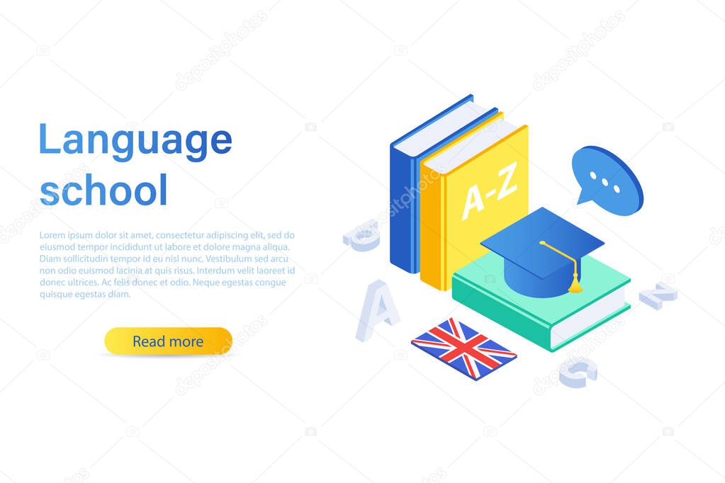 Language school concept banner. Can be used for web banner, infographic. isometric vector illustration isolated on white background.