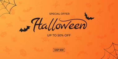 Cadılar Bayramı arkaplan indirimi ya da parti davetiyesi. Turuncu arkaplanda vektör illüstrasyonu.