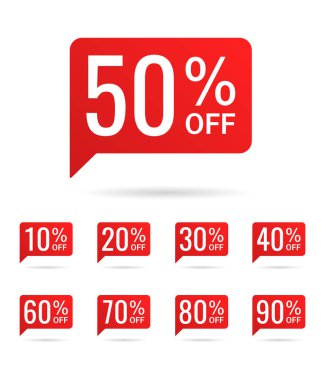 Satılık yüzde indirimli kırmızı konuşma baloncukları. 10, 20, 30, 40, 50, 60, 70, 80, 90. Kırmızı etiket, kupon, etiket, fiyat etiketi, çıkartma ya da afiş. Vektör illüstrasyonu beyaz arkaplanda izole edildi
