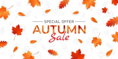 Güzel, renkli sonbahar yaprakları ve satış metniyle vektör illüstrasyonu. arka plan, afiş, poster ya da broşür tasarımı sosyal ağlar ve web üzerinde moda ve indirim reklamları için şablon