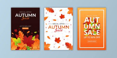 Güzel, renkli sonbahar yaprakları ve satış metniyle vektör illüstrasyonu. arka plan, afiş, poster ya da broşür tasarımı sosyal ağlar ve web üzerinde moda ve indirim reklamları için şablon