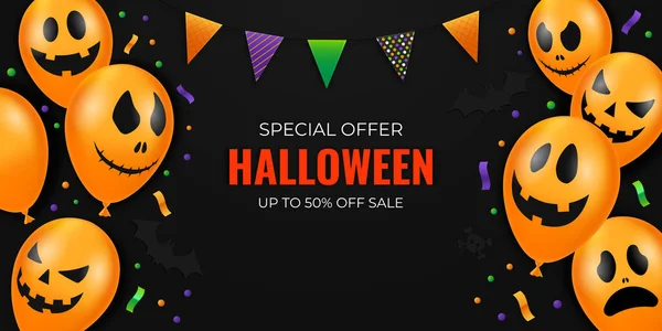 Banner Promocional Póster Para Venta Halloween Con Globos Miedo Murciélagos — Vector de stock