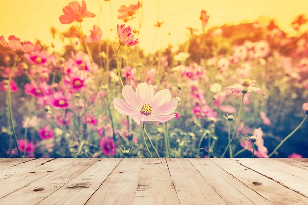 Wood table and field cosmos with sunlight. vintage tone photo. — Stock Photo, Image