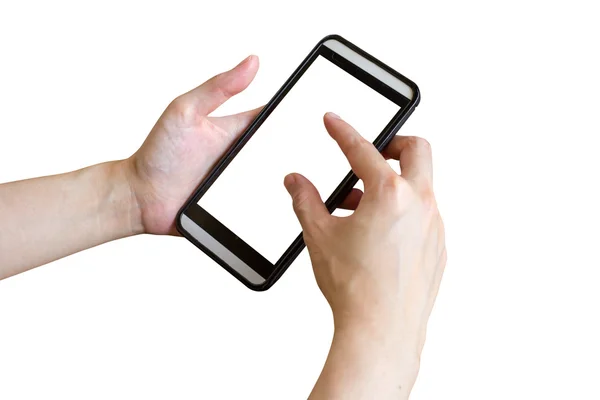 Nahaufnahme Hand Frau mit Telefon auf isoliert mit Clipping Pfad. — Stockfoto