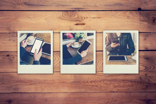 Frame foto's van vrouw met behulp van de telefoon en tablet instellen in de coffeeshop — Stockfoto