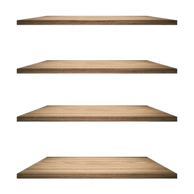 4 Ahşap raf tablo beyaz arkaplan izole ve ürün için montaj.
