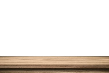 Boş tahta tablo beyaz arkaplanı izole et ve ürün için kopyalama alanı ile montajı göster.