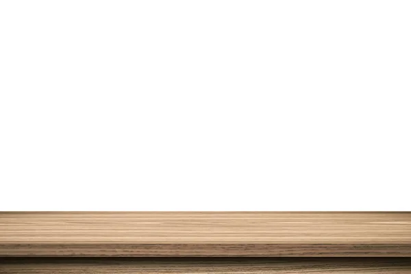 Порожній Дерев Яний Стіл Ізольованому Білому Тлі Дисплейний Монітор Копіювальним — стокове фото