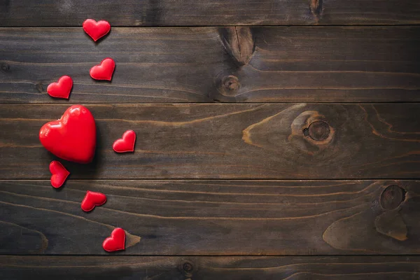 Corazón Rojo Sobre Fondo Madera Fondo San Valentín Con Espacio — Foto de Stock