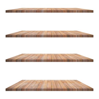 4 Ahşap raf tablo beyaz arkaplan izole ve ürün için montaj.