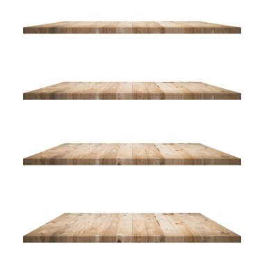 4 Ahşap raf tablo beyaz arkaplan izole ve ürün için montaj.