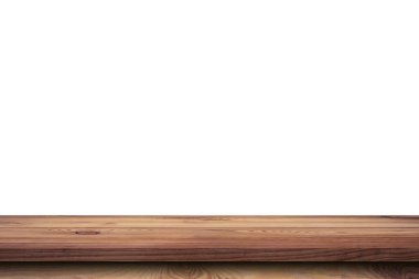 Boş tahta tablo beyaz arkaplanı izole et ve ürün için kopyalama alanı ile montajı göster.