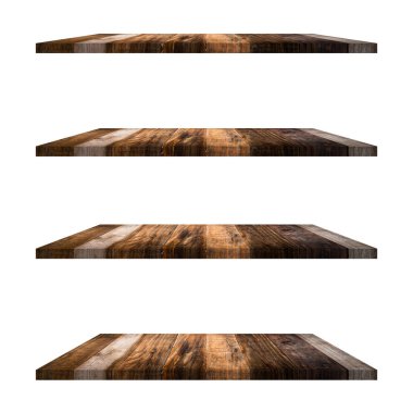 4 Ahşap raf tablo beyaz arkaplan izole ve ürün için montaj.