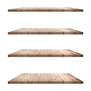 4 Ahşap raf tablo beyaz arkaplan izole ve ürün için montaj.