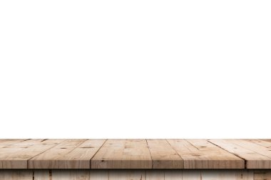 Boş tahta tablo beyaz arkaplanı izole et ve ürün için kopyalama alanı ile montajı göster.