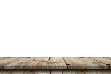 Boş tahta tablo beyaz arkaplanı izole et ve ürün için kopyalama alanı ile montajı göster.