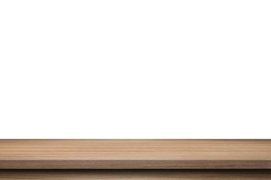 Boş tahta tablo beyaz arkaplanı izole et ve ürün için kopyalama alanı ile montajı göster.