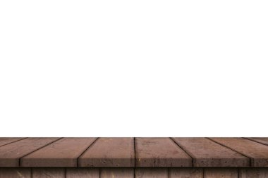 Boş tahta tablo beyaz arkaplanı izole et ve ürün için kopyalama alanı ile montajı göster.