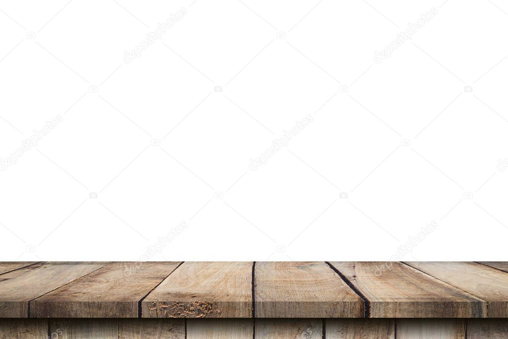 Empty wood table on isolate white background and display montage with copy space for product.