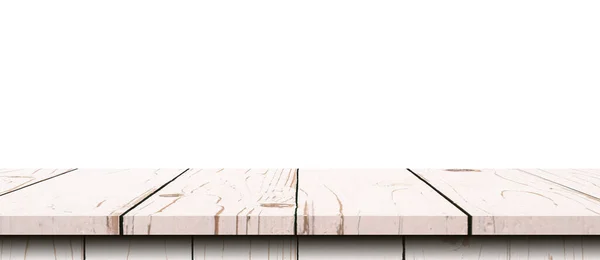 白い背景を隔離し 製品のコピースペースとモンタージュを表示する上で空の木製テーブル — ストック写真