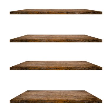 4 Ahşap raf tablo beyaz arkaplan izole ve ürün için montaj.