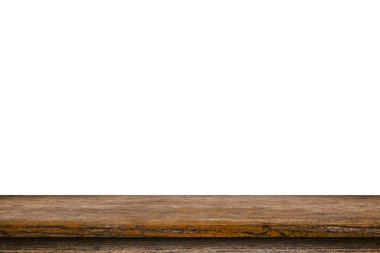 Boş tahta tablo beyaz arkaplanı izole et ve ürün için kopyalama alanı ile montajı göster.